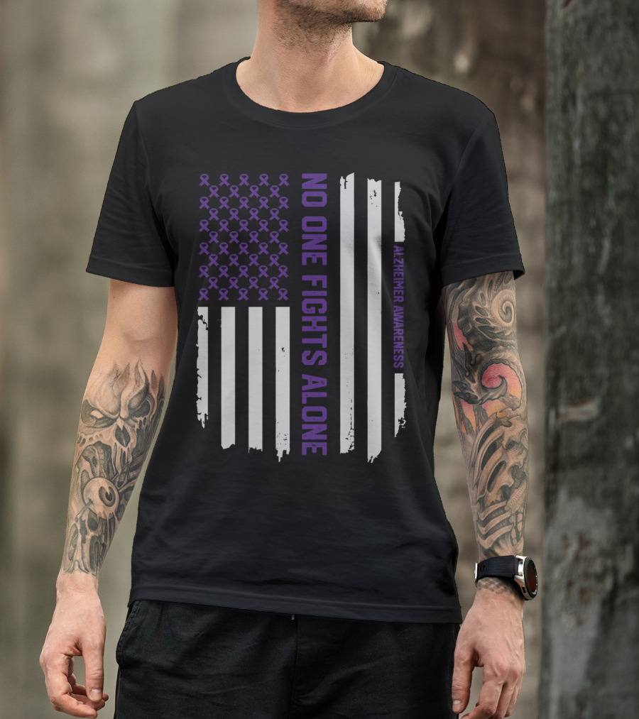 No One Fights Alone Alzheimer's Awareness Purple Ribbon Flag T-Shirt