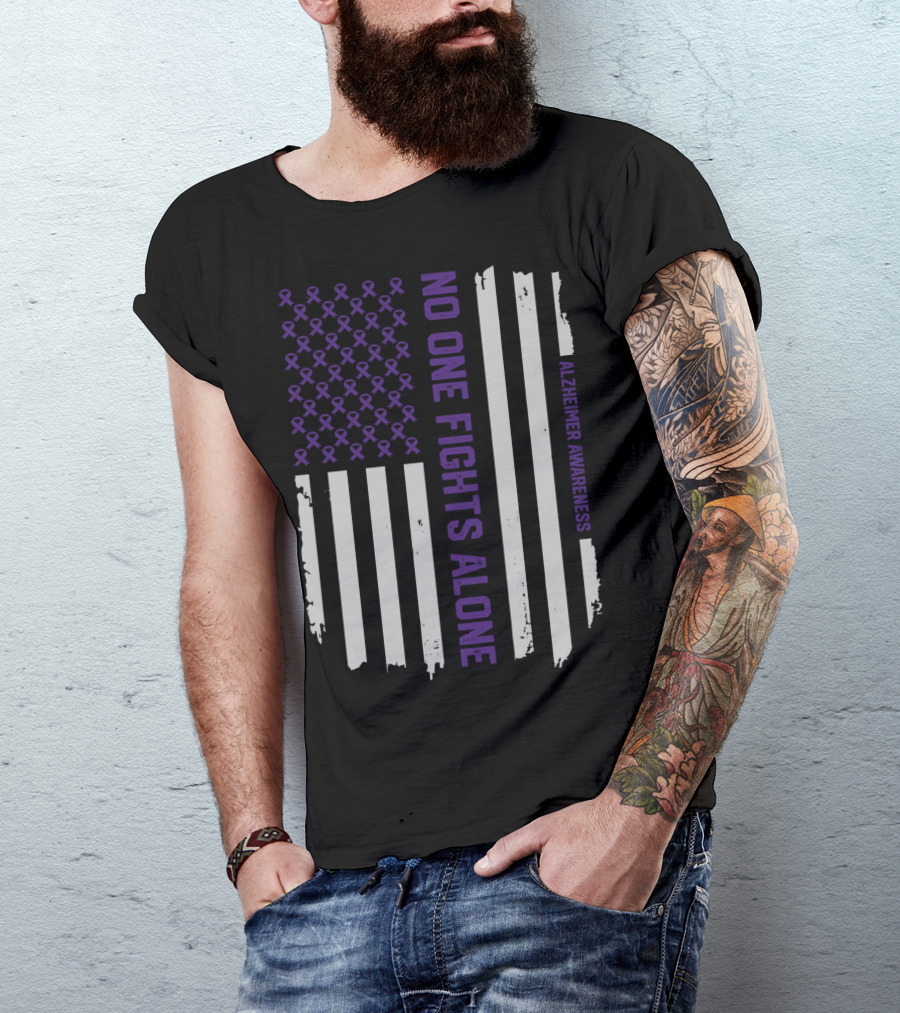 No One Fights Alone Alzheimer's Awareness Purple Ribbon Flag T-Shirt