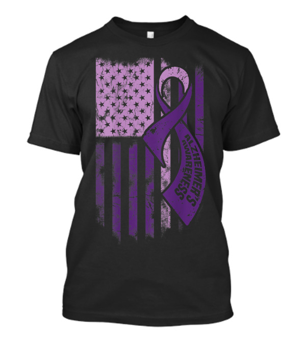 Purple Ribbon Alzheimer's Awareness With American Flag T-Shirt