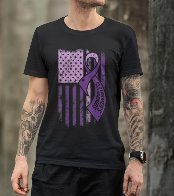 Purple Ribbon Alzheimer's Awareness With American Flag T-Shirt