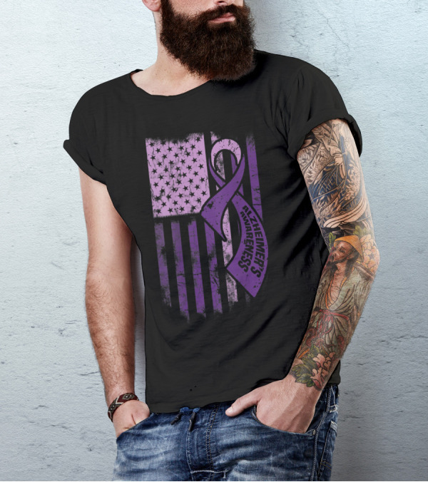 Purple Ribbon Alzheimer's Awareness With American Flag T-Shirt