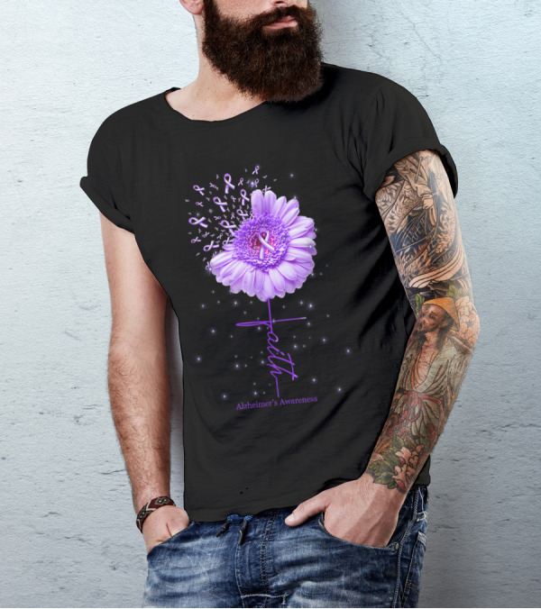 Alzheimer's Awareness Faith Purple Ribbon Daisy Flower T-Shirt
