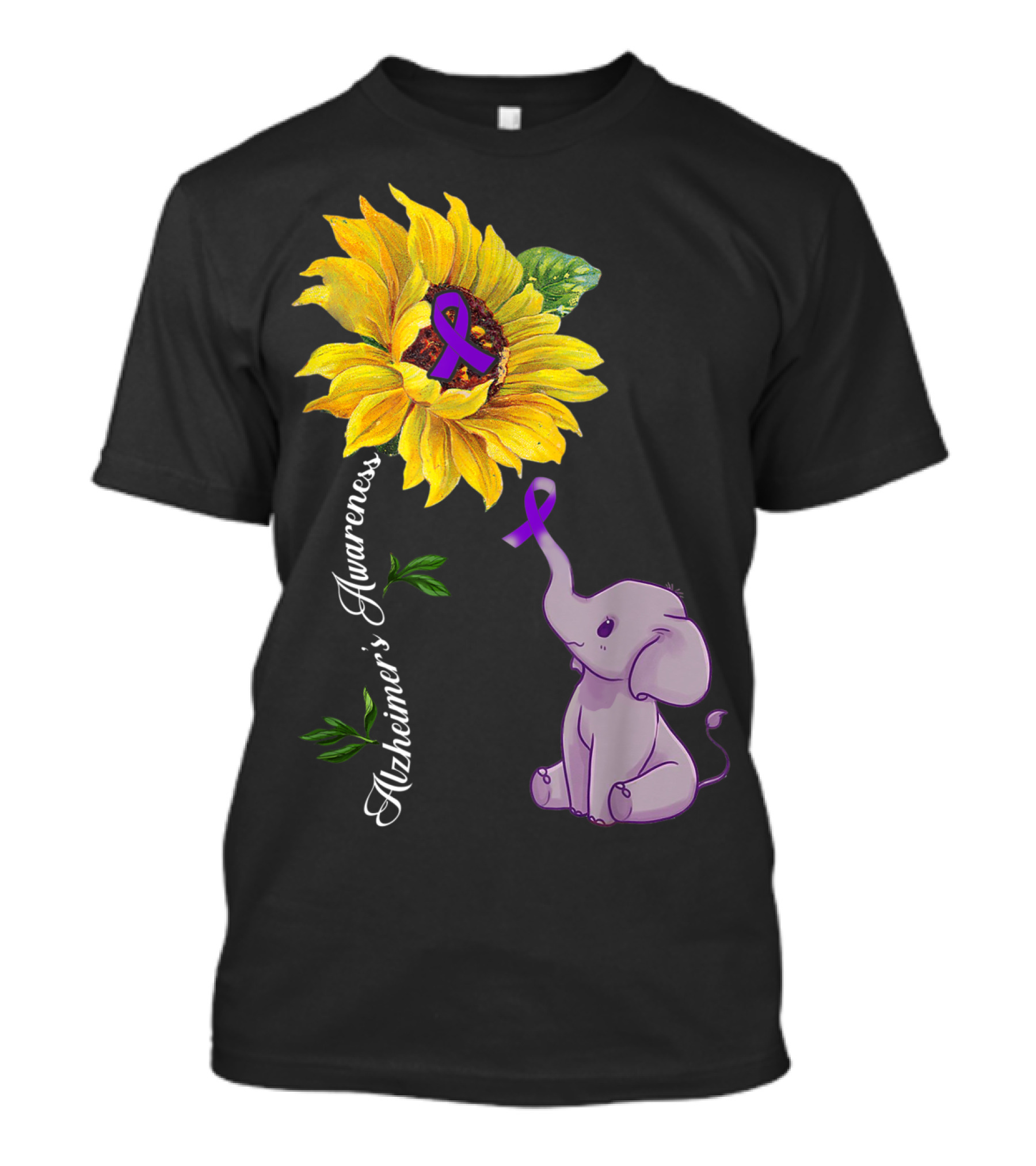 Alzheimer's Awareness Purple Ribbon Sunflower And Elephant T-Shirt