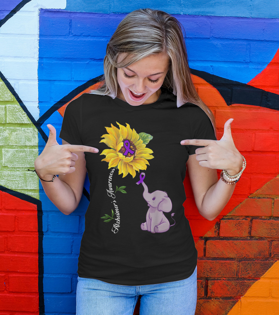 Alzheimer's Awareness Purple Ribbon Sunflower And Elephant T-Shirt
