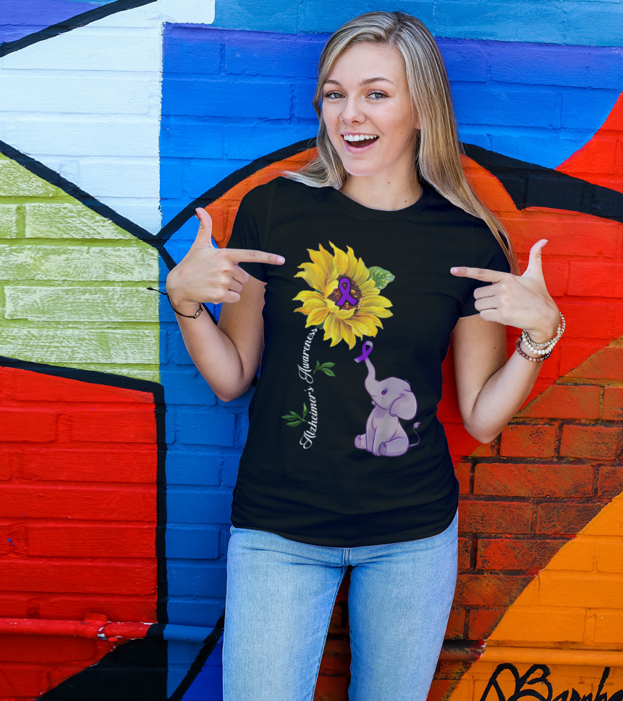 Alzheimer's Awareness Purple Ribbon Sunflower And Elephant T-Shirt