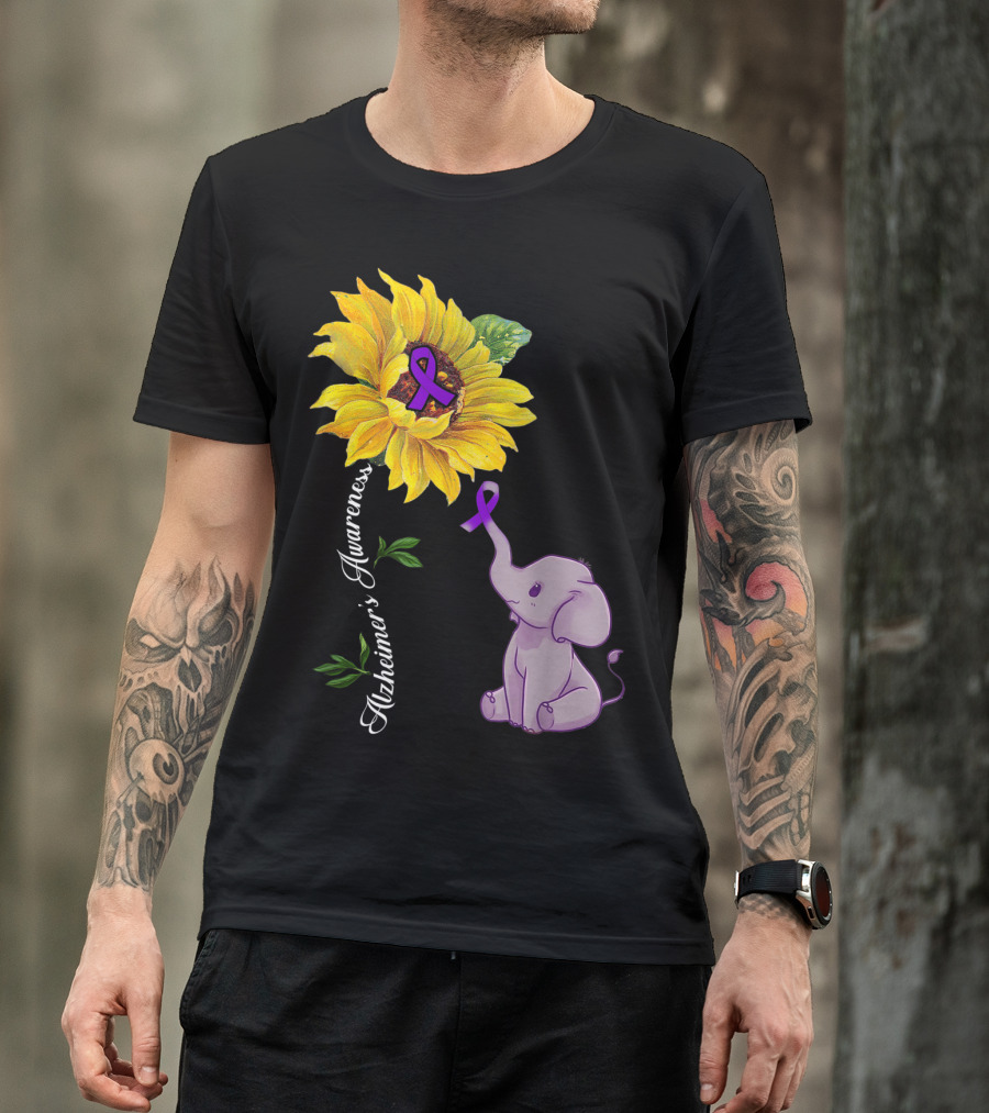 Alzheimer's Awareness Purple Ribbon Sunflower And Elephant T-Shirt