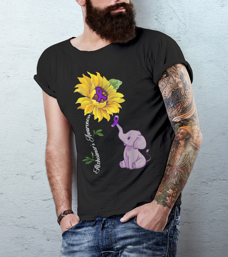 Alzheimer's Awareness Purple Ribbon Sunflower And Elephant T-Shirt