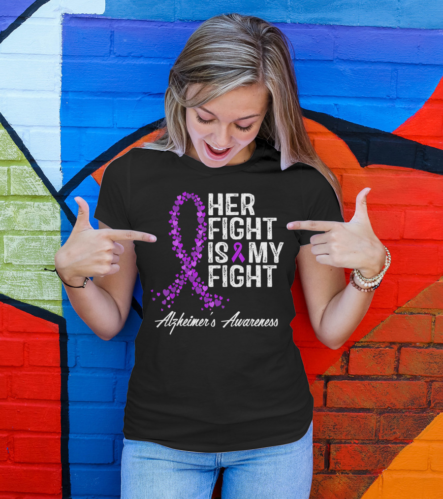 Her Fight Is My Fight Alzheimer's Awareness Purple Ribbon Heart T-Shirt
