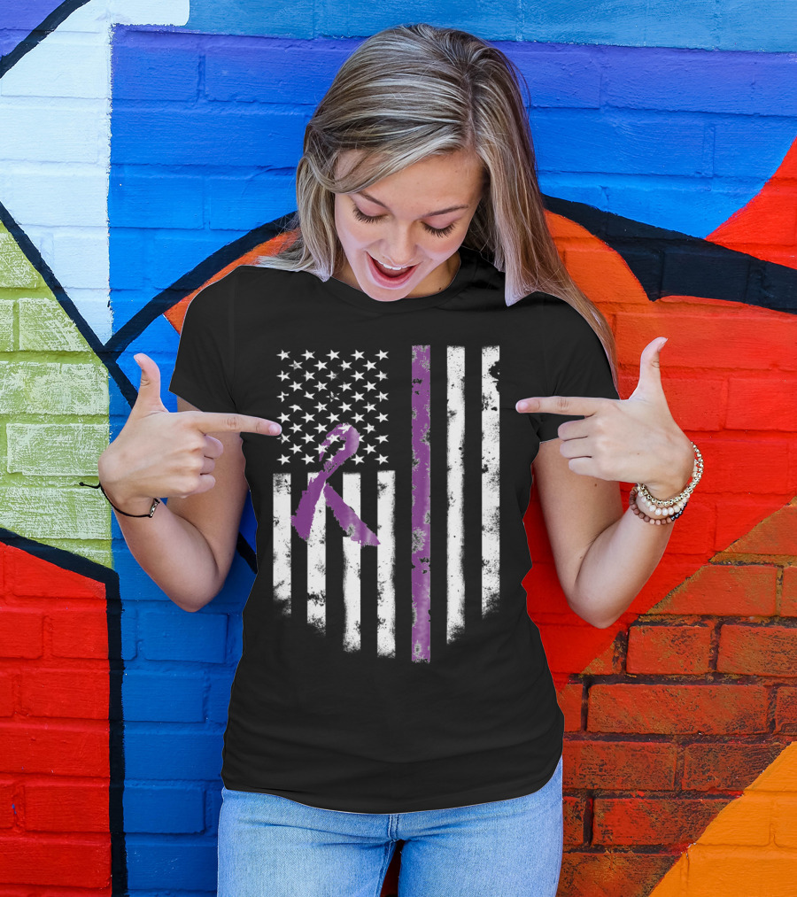 American Flag With Purple Alzheimer's Awareness Ribbon T-Shirt