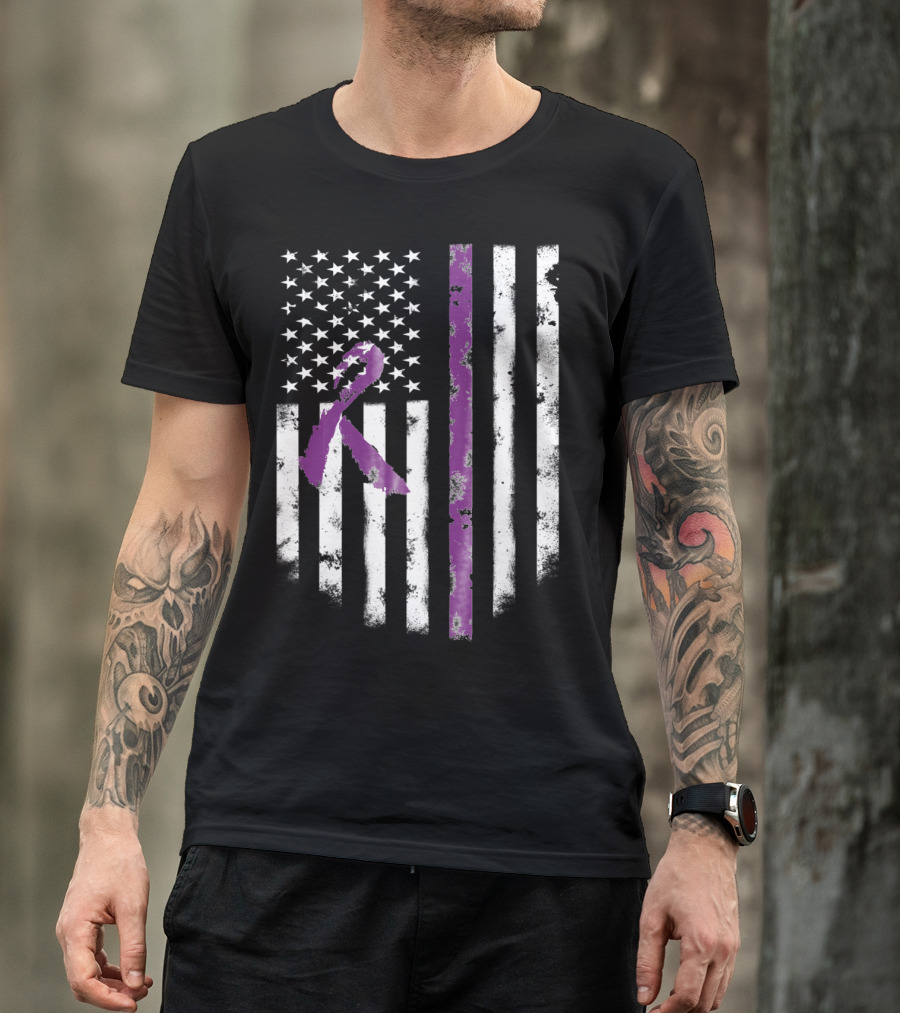 American Flag With Purple Alzheimer's Awareness Ribbon T-Shirt