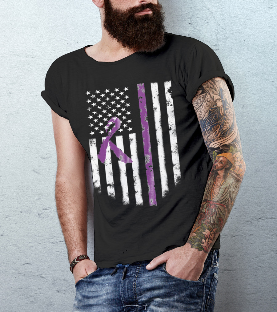 American Flag With Purple Alzheimer's Awareness Ribbon T-Shirt