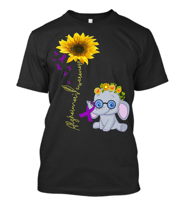 Alzheimer's Awareness Hippie Sunflower Elephant With Purple T-Shirt