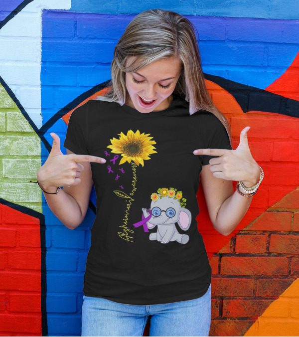 Alzheimer's Awareness Hippie Sunflower Elephant With Purple T-Shirt