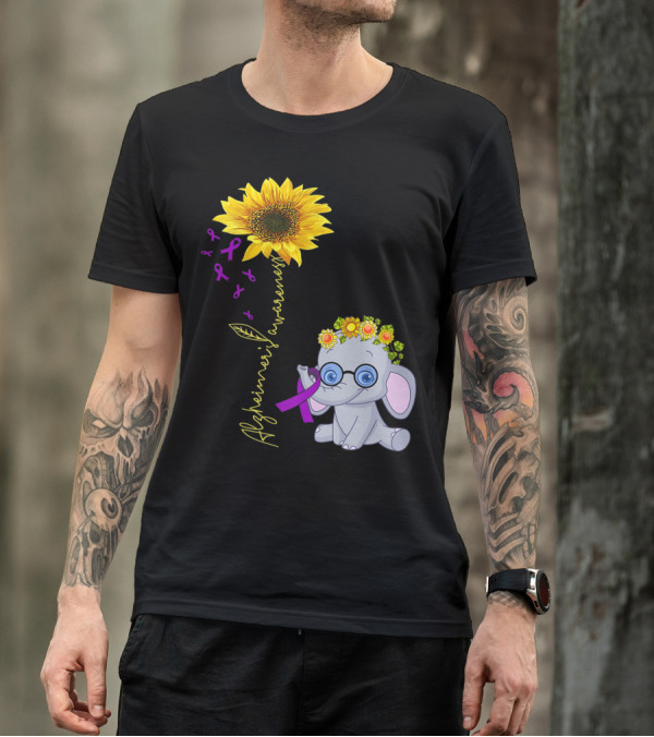 Alzheimer's Awareness Hippie Sunflower Elephant With Purple T-Shirt