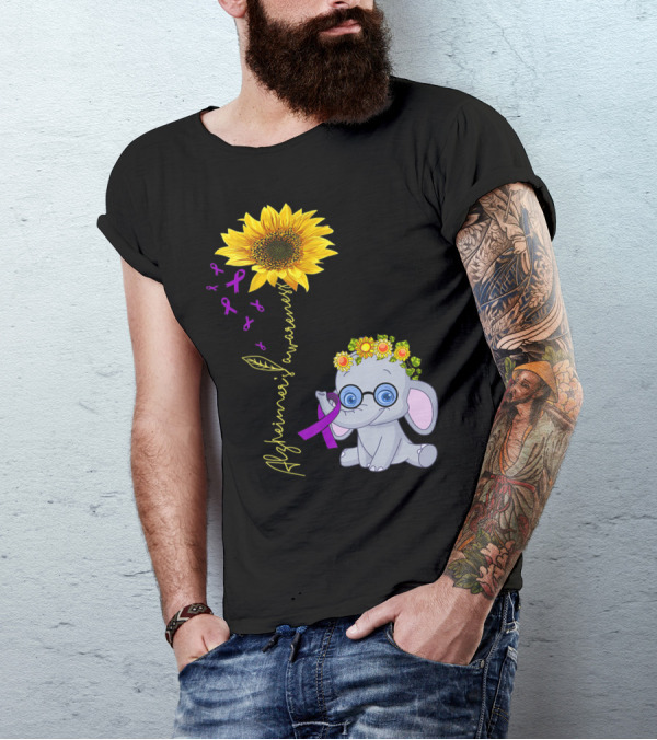 Alzheimer's Awareness Hippie Sunflower Elephant With Purple T-Shirt