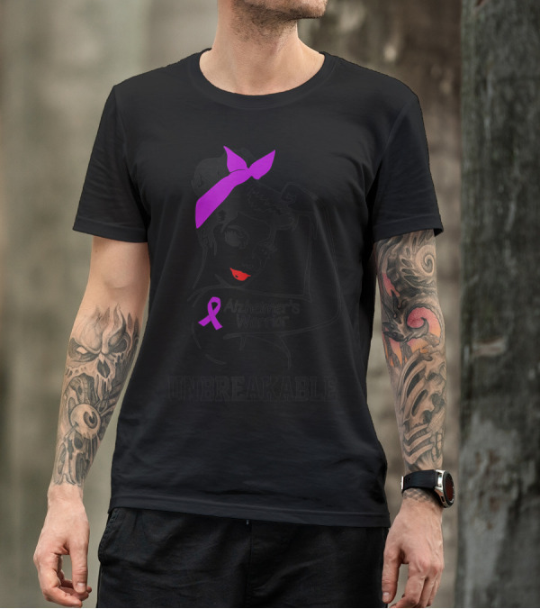 Alzheimer's Warrior Unbreakable Rosie The Riveter Style With Purple T-Shirt