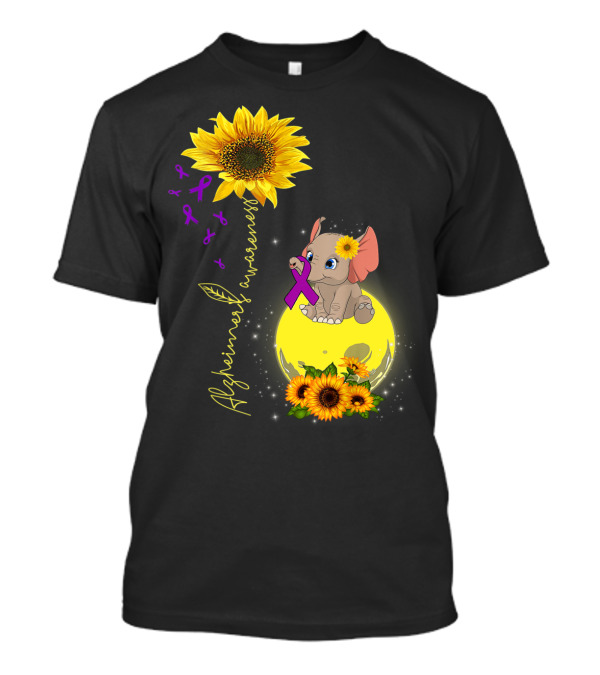 Alzheimers Awareness Elephant And Sunflowers With Purple Ribbon And Sunflower Moon T-Shirt