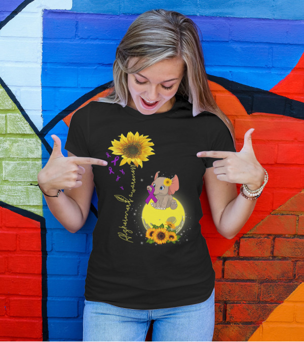 Alzheimers Awareness Elephant And Sunflowers With Purple Ribbon And Sunflower Moon T-Shirt