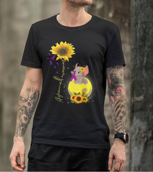 Alzheimers Awareness Elephant And Sunflowers With Purple Ribbon And Sunflower Moon T-Shirt