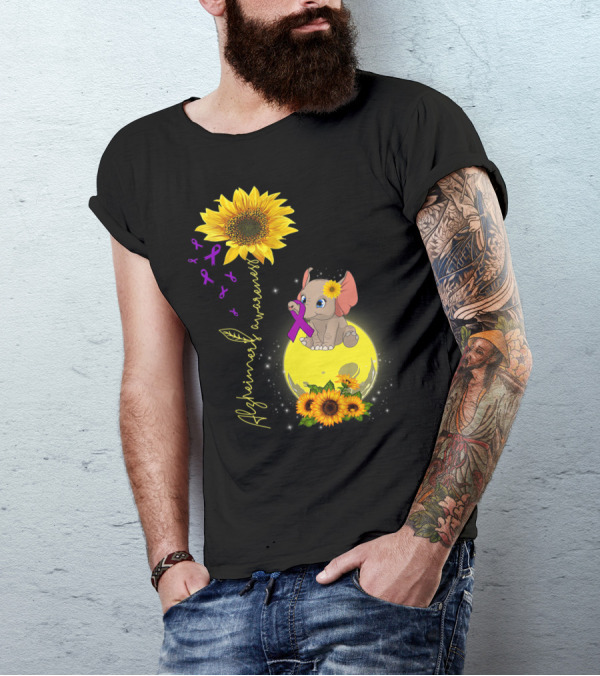 Alzheimers Awareness Elephant And Sunflowers With Purple Ribbon And Sunflower Moon T-Shirt