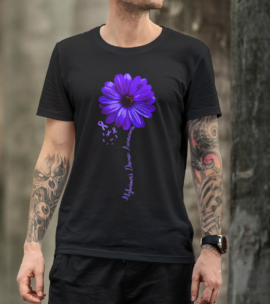 Alzheimer's Disease Awareness Purple Flower With Support Ribbons T-Shirt