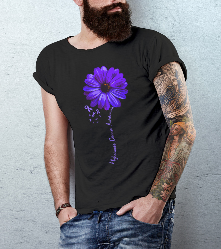 Alzheimer's Disease Awareness Purple Flower With Support Ribbons T-Shirt