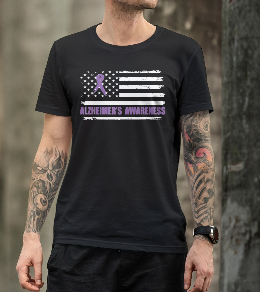 Alzheimer's Awareness Ribbon Purple American Flag T-Shirt