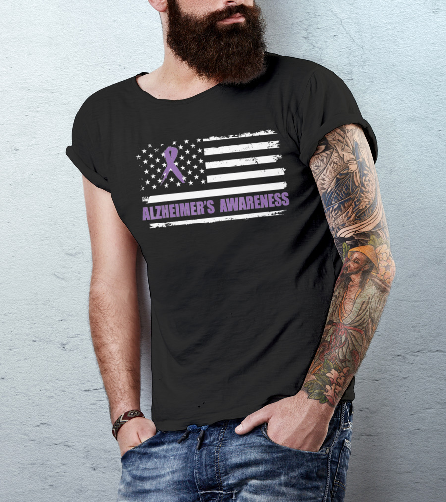 Alzheimer's Awareness Ribbon Purple American Flag T-Shirt