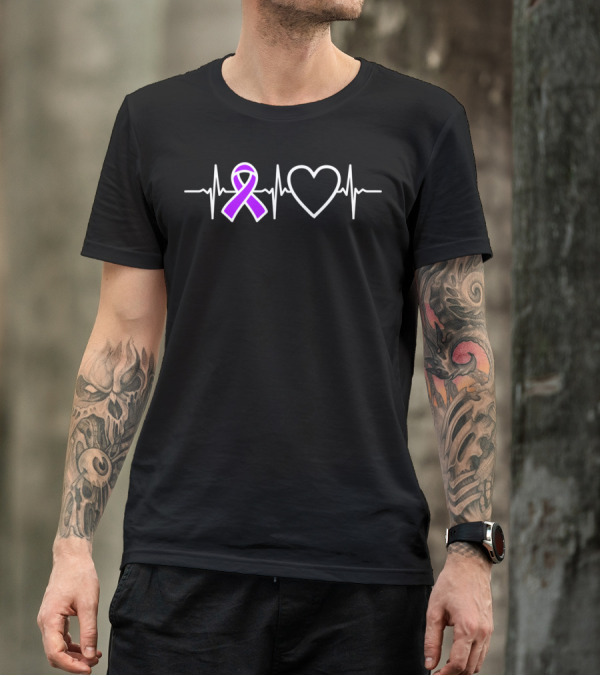 Alzheimers Disease Purple Ribbon Heartbeat Heart T-Shirt