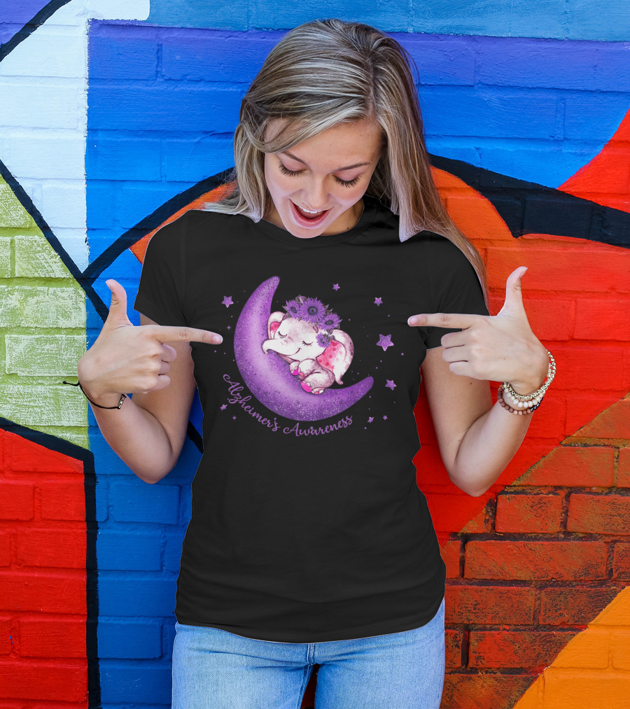 Cute Elephant On Purple Moon Alzheimer's Awareness T-Shirt