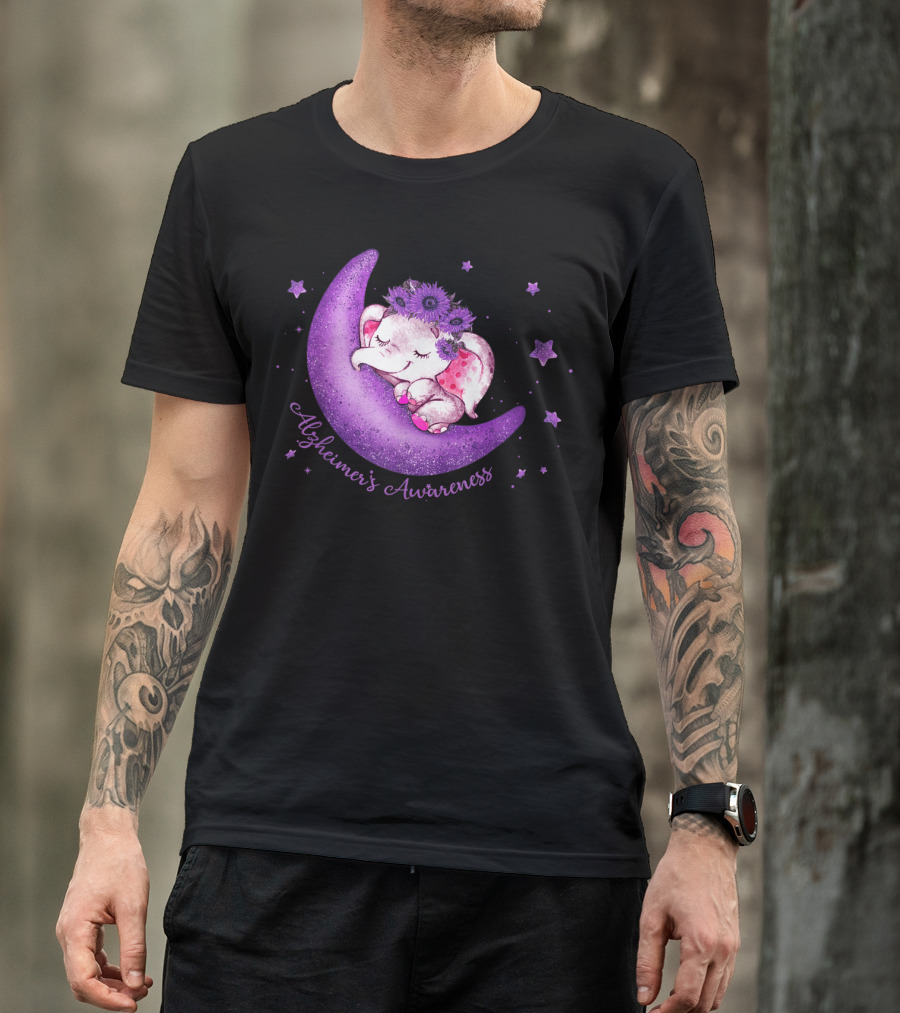 Cute Elephant On Purple Moon Alzheimer's Awareness T-Shirt