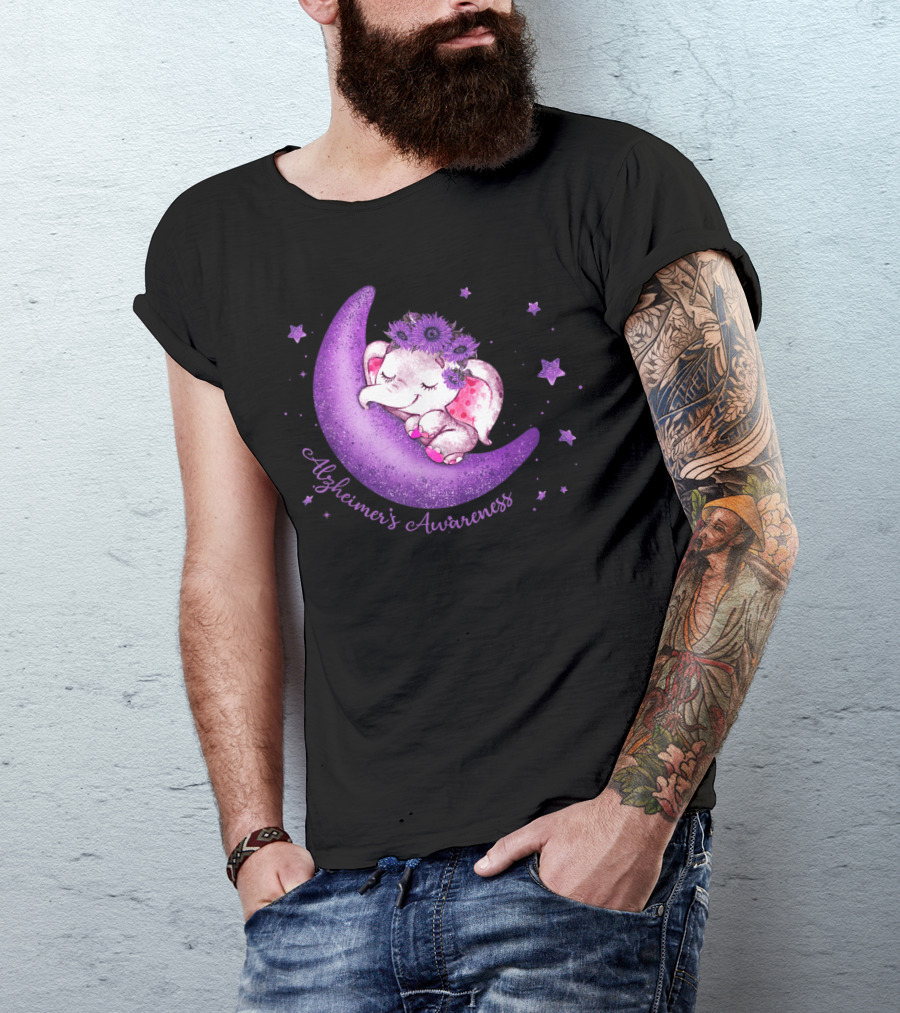 Cute Elephant On Purple Moon Alzheimer's Awareness T-Shirt