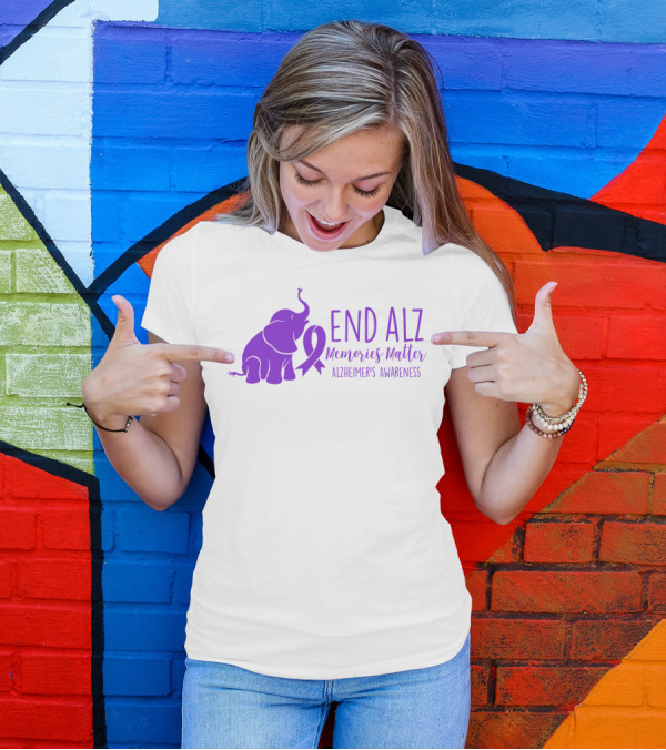 End Alz Memories Matter Alzheimer's Awareness Purple Elephant T-Shirt
