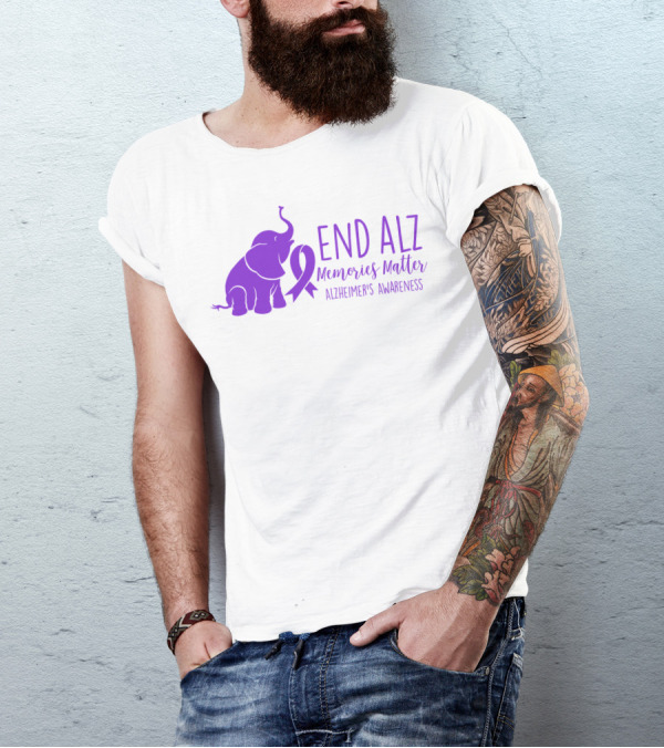 End Alz Memories Matter Alzheimer's Awareness Purple Elephant T-Shirt
