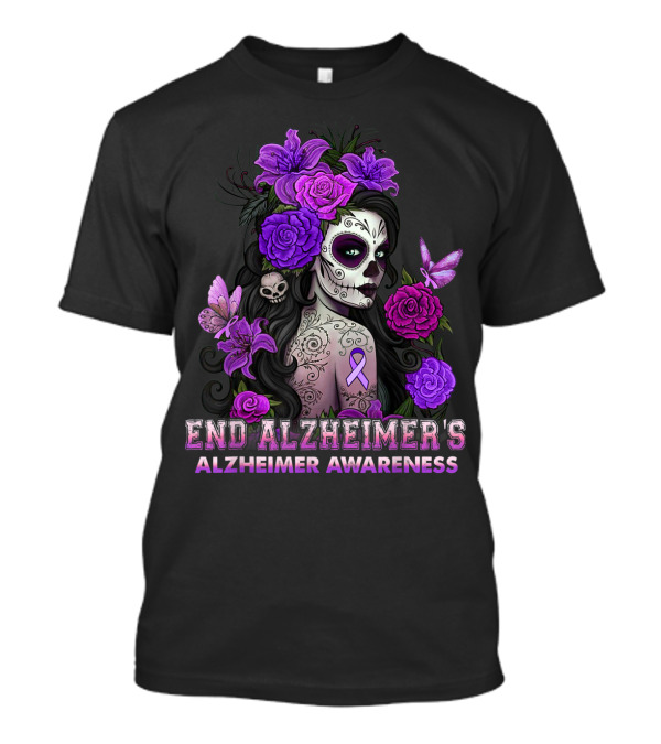 End Alzheimer's Awareness Skull Girl Purple Flowers Butterflies T-Shirt