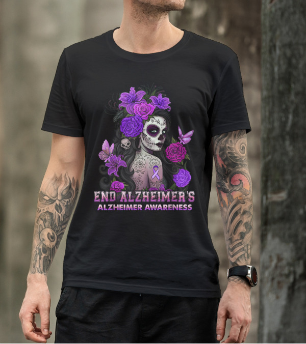 End Alzheimer's Awareness Skull Girl Purple Flowers Butterflies T-Shirt