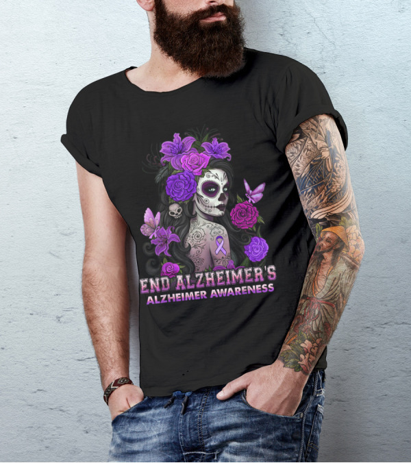 End Alzheimer's Awareness Skull Girl Purple Flowers Butterflies T-Shirt