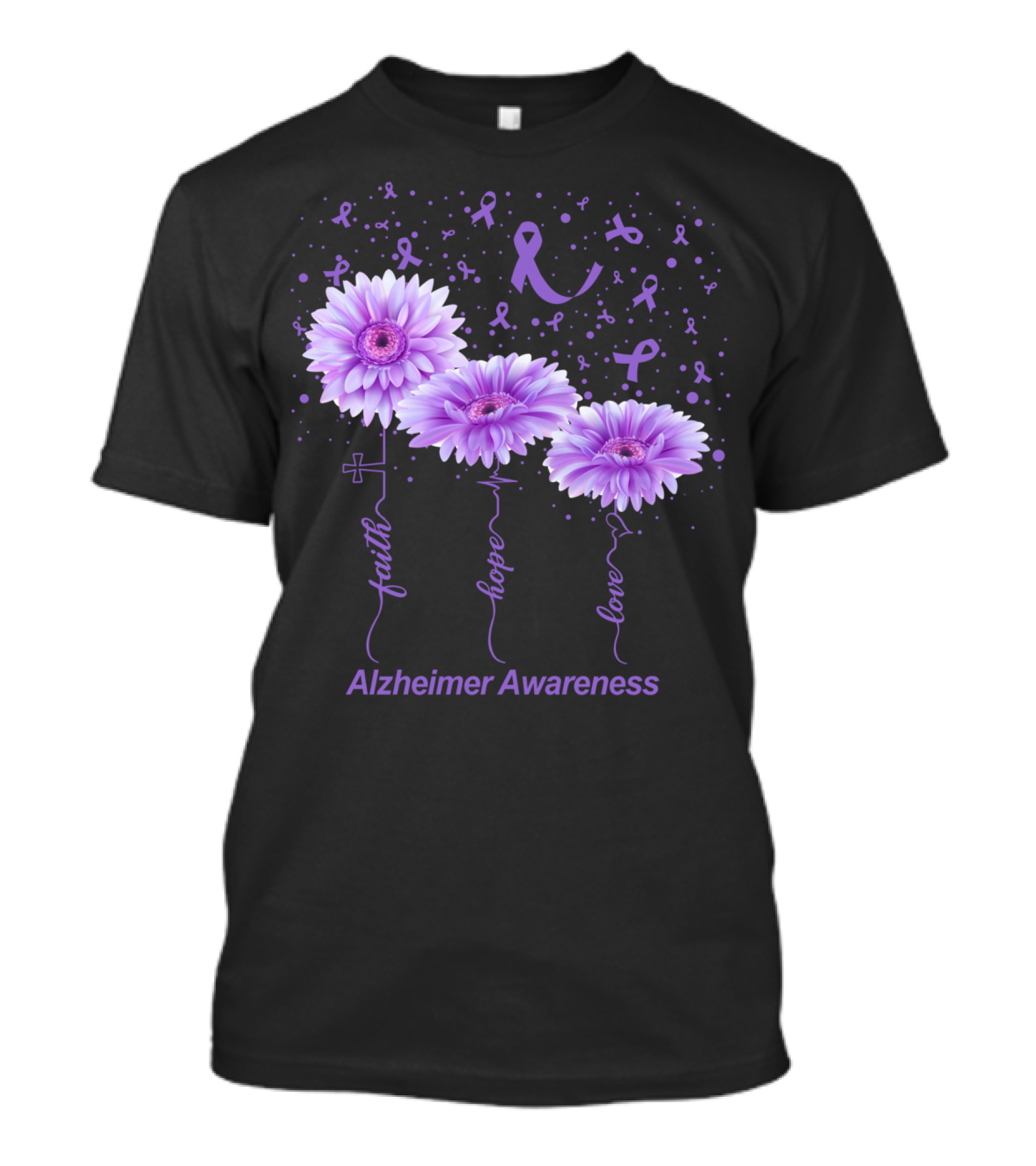 Faith Hope Love Purple Flowers Alzheimer Awareness Ribbon T-Shirt