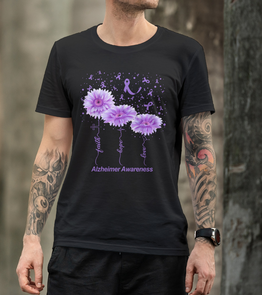 Faith Hope Love Purple Flowers Alzheimer Awareness Ribbon T-Shirt