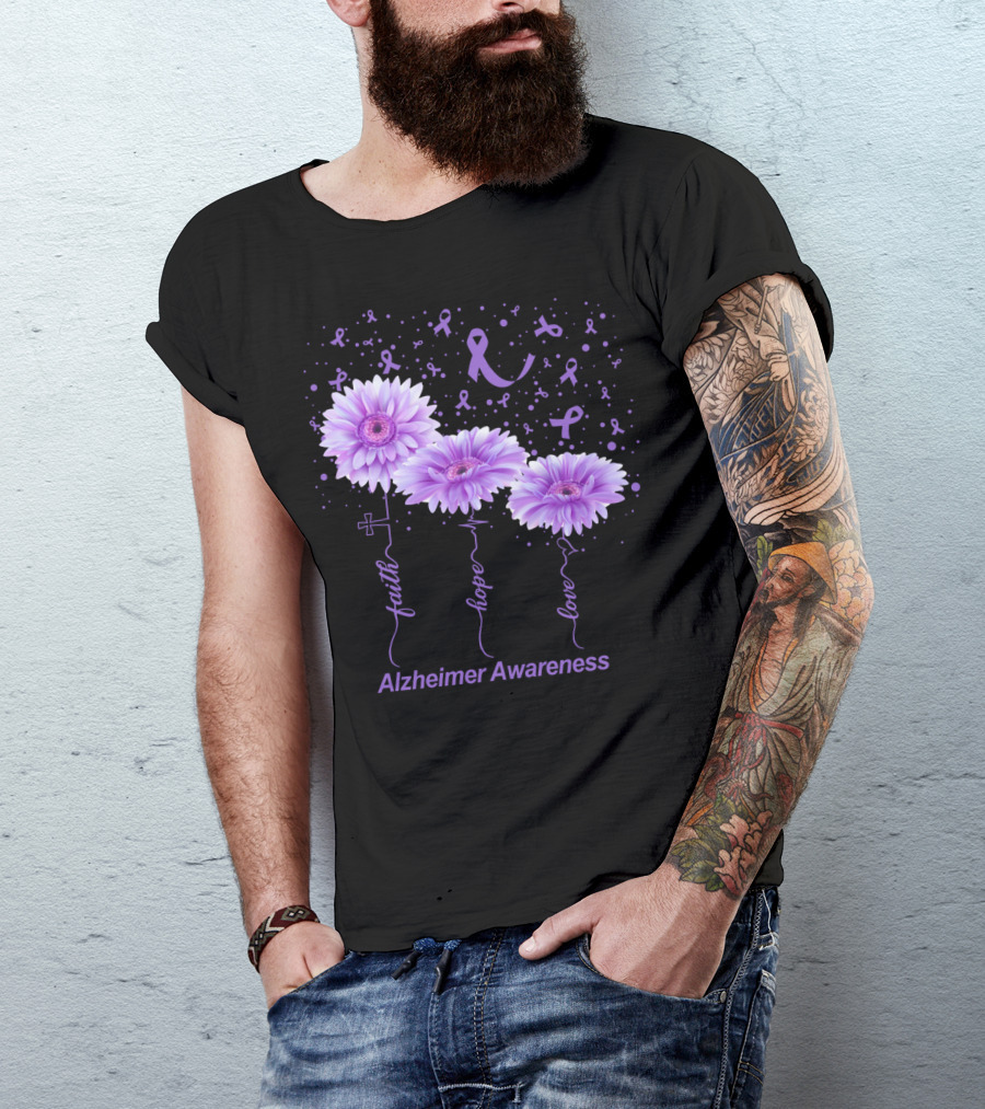 Faith Hope Love Purple Flowers Alzheimer Awareness Ribbon T-Shirt