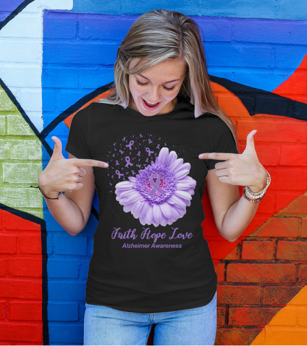 Faith Hope Love Purple Ribbon Flower Alzheimer Awareness T-Shirt