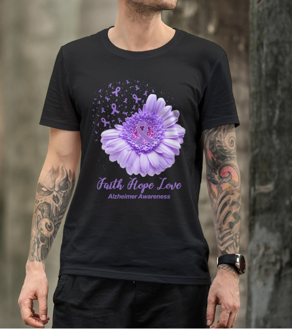 Faith Hope Love Purple Ribbon Flower Alzheimer Awareness T-Shirt