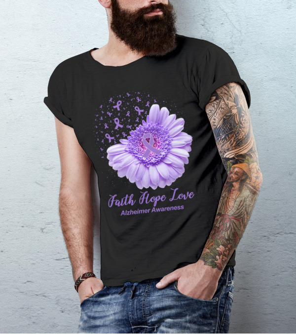 Faith Hope Love Purple Ribbon Flower Alzheimer Awareness T-Shirt