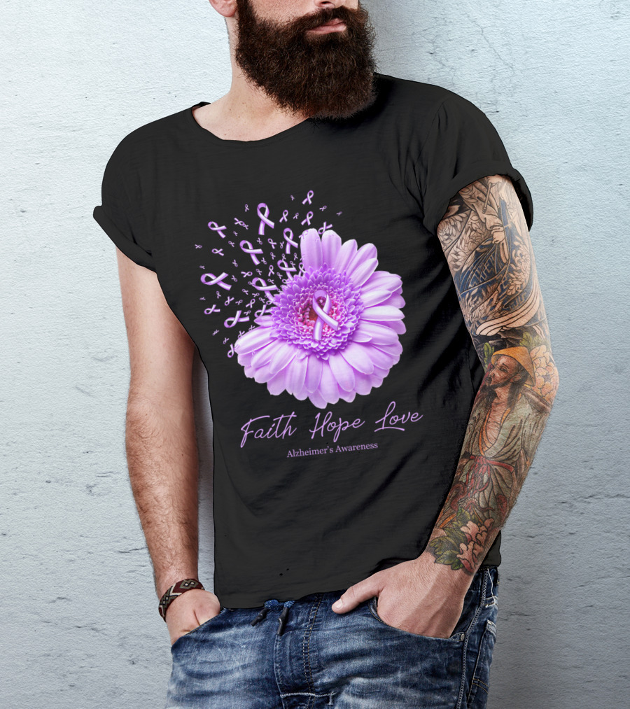 Faith Hope Love Alzheimer's Awareness Purple Ribbon Flower T-Shirt
