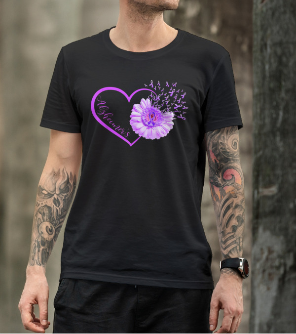 Alzheimers Awareness Heart Purple Ribbon Flower T-Shirt