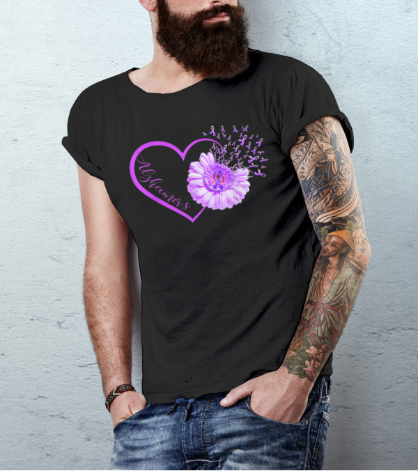 Alzheimers Awareness Heart Purple Ribbon Flower T-Shirt
