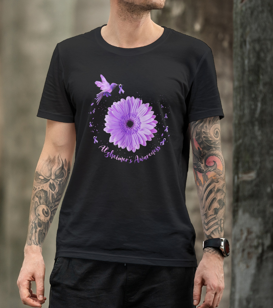 Alzheimer's Awareness Purple Hummingbird Sunflower T-Shirt