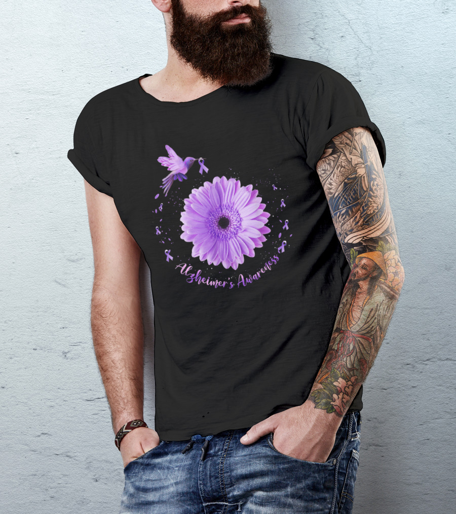 Alzheimer's Awareness Purple Hummingbird Sunflower T-Shirt