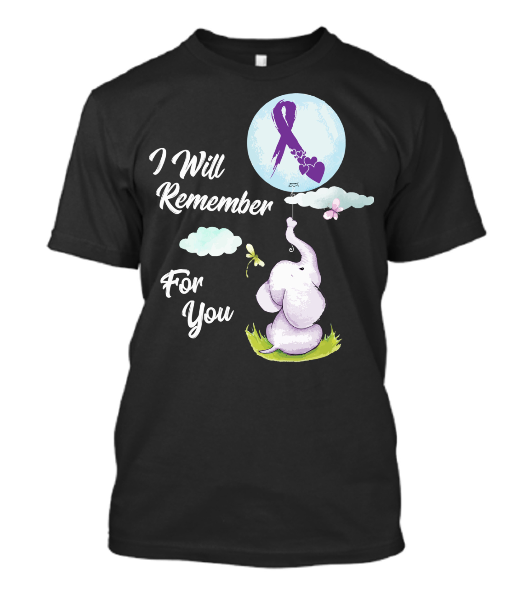 I Will Remember For You Alzheimer's Awareness Elephant Holding Balloon With Purple Ribbon And Hearts T-Shirt