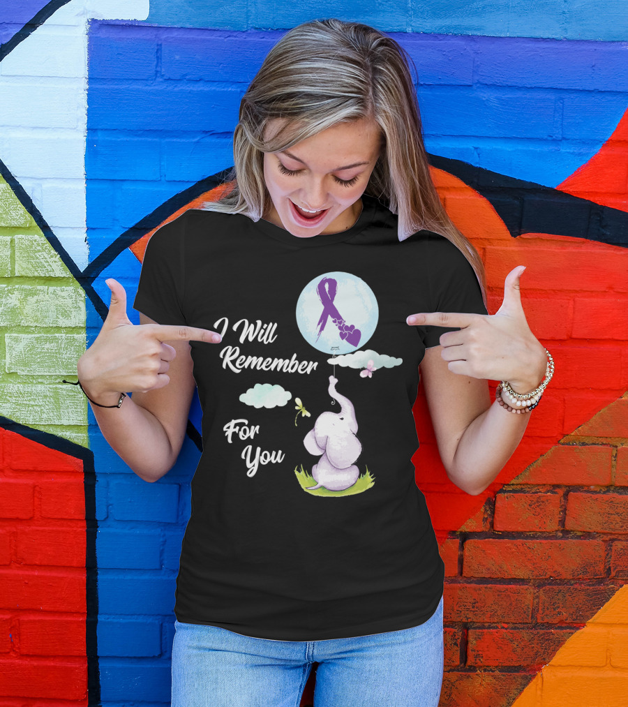 I Will Remember For You Alzheimer's Awareness Elephant Holding Balloon With Purple Ribbon And Hearts T-Shirt